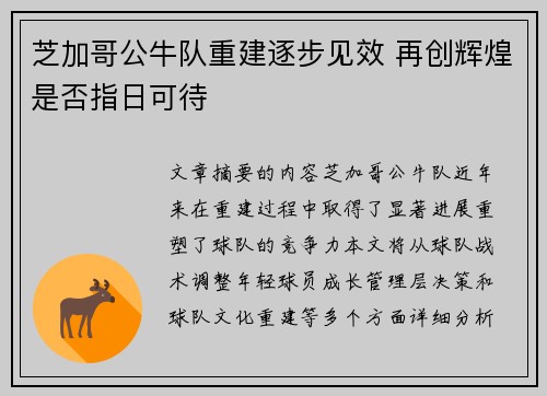 芝加哥公牛队重建逐步见效 再创辉煌是否指日可待