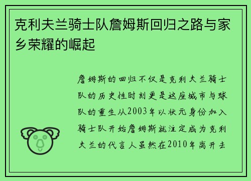 克利夫兰骑士队詹姆斯回归之路与家乡荣耀的崛起