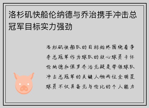 洛杉矶快船伦纳德与乔治携手冲击总冠军目标实力强劲